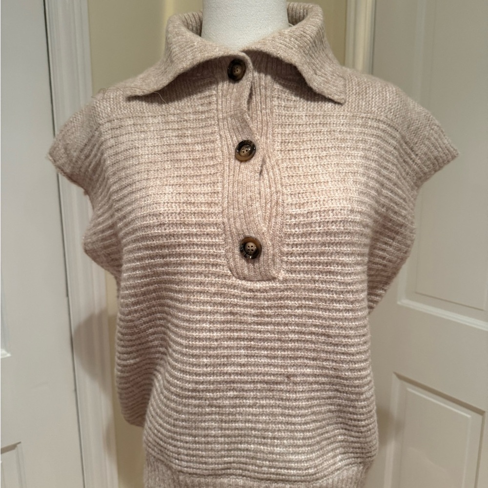 FRNCH Beige Ribbed Cowl Sweater Vest with Buttons